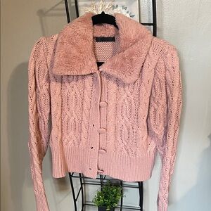 Pink Cable Knit Sweater with Faux Fur Collar